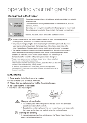 Page 14FREEZER 
WIRE SHELFOptional. To use it, please remove the top freezer drawer.7To get more space, remove top freezer drawer since it does not affect 
thermal and mechanical characteristics.
And if freezer wire shelf (optional) is provided, place the shelf just abovethe 
middle drawer after removing the top drawer.
A declared storage volume of frozen food storage compartment is 
calculated with this drawer removed and freezer wire shelf (optional) is 
located if provided. 