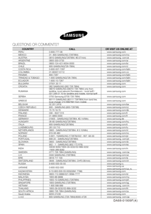 Page 28DA68-01909F(4)QUESTIONS OR COMMENTS?COUNTRYCALLOR VISIT US ONLINE ATPERU0-800-777-08www.samsung.com
MEXICO01 -800-SAMSUNG (7267864)www.samsung.com/mx
AUSTRIA0810-SAMSUNG(7267864, €0.07/min)www.samsung, com/at
ARGENTINE0800-333-3733www.samsung.com/ar
BRAZIL0800-124-421/4004-0000www.samsung.com/br
CHILE800-SAMSUNG(726-7864)www.samsung.com/cl
COSTA RICA0-800-507-7267www.samsung.com/latin
COLOMBIA01-8000112112www.samsung.com.co
PANAMA800-7267www.samsung.com/latin
TRINIDAD &...