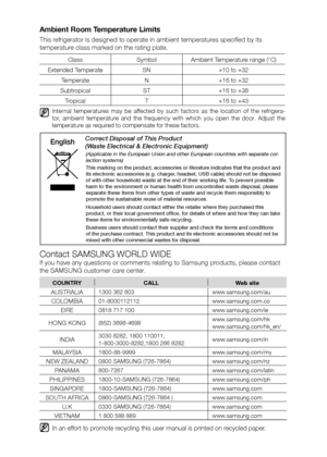 Page 20Contact SAMSUNG WORLD WIDE
If you have any questions or comments relating to Samsung products, please contact 
the SAMSUNG customer care center.
COUNTRY CALL  Web site
AUSTRALIA1300 362 603  www.samsung.com/au
COLOMBIA01-8000112112www.samsung.com.co
EIRE0818 717 100 www.samsung.com/ie
HONG KONG(852) 3698-4698www.samsung.com/hk
www.samsung.com/hk_en/
INDIA3030 8282, 1800 110011, 
1-800-3000-8282,1800 266 8282www.samsung.com/in
MALAYSIA1800-88-9999
www.samsung.com/my
NEW ZEALAND0800 SAMSUNG...