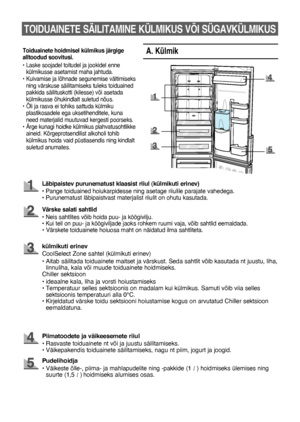 Page 5410
TOIDUAINETE SÄILITAMINE KÜLMIKUS VÕI SÜgAVKÜLMIKUS
A. Külmik
Läbipaistev purunematust klaasist riiul (külmikuti erinev)
•   Pange toiduained hoiukarpidesse ning asetage riiulile parajate vahedega.
•   
Purunematust läbipaistvast materjalist riiulit on ohutu kasutada.
Värske salati sahtlid
• Neis sahtlites võib hoida puu- ja köögivilju.
•   Kui teil on puu- ja köögiviljade jaoks rohkem ruumi vaja, võib sahtlid eemaldada.
• Värskete toiduainete hoiuosa maht on näidatud ilma sahtliteta.
külmikuti erinev...