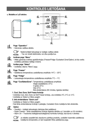 Page 939
KONTROLES LIETOŠANA
c. Modelis ar LcD ekrÇnu
Poga “Operation”
• Galvenais vad¥bas slïdzis.
Izvïlnes poga “Menu”
•   Attïlo galvenÇs izvïlnes apakšfunkcijas (Freezer/Fridge /Coolselect Zone/Option), lai tÇs varïtu 
izvïlïties pulkste¿a rÇd¥tÇja virzienÇ.
Poga “Freezer”
• Saldïtavas temperatras uzstÇd¥šanas amplitda 14°C ~ -25°C Izvïles poga “Select”
• Izvïlieties vïlamo “Menu” pogu.
Poga “CoolSelectZone”:    Temperatras uzstÇd¥šanas amplitda 
Viegla sasaldïšana (-5°C) 
O grÇdu (0°C) 
Vïsi (3°C)...