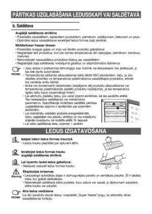 Page 9511
LEDUS IZGATAVOŠANA
Ielejiet deni ledus formas trauci¿Ç.
• Ledus trauku piepildiet par aptuveni 80%
Ievietojiet ledus formas trauku 
augšïjÇ saldïtavas atvilknï.
Lai iz¿emtu laukÇ ledus gabali¿us:
• Nedaudz salociet ledus formas trauku.
Åtra ledus veidošana
Lai Çtri saražotu daudz ledus, nospiediet „Super freeze” pogu, lai aktivizïtu ÇtrÇs 
sasaldïšanas funkciju.
Eksplozijas briesmas
•   Ledusskap¥ aukstÇkÇs da∫as ir aizmugurïjais panelis un zemÇkais plaukts. Š¥ ir labÇkÇ 
vieta, kur glabÇt...