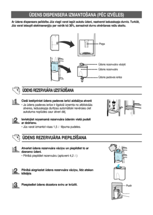 Page 9612
ÌDENS DISPENSERA IZMANTOŠANA (PîC IZVîLES)
Ar dens dispensera pal¥dz¥bu Js viegli varat iegt aukstu deni, neatverot ledusskapja durvis. TurklÇt, 
Js varat ietaup¥t elektroenerÆiju par vairÇk kÇ 30%, samazinot durvu atvïršanas reižu skaitu.
Poga
Ìdens rezervuÇrs
ÌDENS REZERVUÅRA UZSTÅD±ŠANA
Cieši iestipriniet dens padeves ier¥ci aizbÇž¿a atverï
•    Ja dens padeves ier¥ce ir ilgstoši iz¿emta no atbilstošÇs 
atveres, ledusskapja durti¿as automÇtiski nevïrsies ciet 
aukstuma nopldes caur atveri...