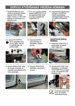 Page 10016
-  
SALDîTAVAS DUrVjU 
NOMAIøA
DURVJU ATVîRŠANAS VIRZIENA NOMAIøA
B U LTA
GROMMET EŅĢE
8.   
Ar 11 mm uzgriežņu atslēgu 
atdaliet EŅĢES BULTU un 
tad apgrieziet EŅĢI otrādi 
un no jauna piestipriniet 
EŅĢES BULTU.9-1.    Pēc KREISĀS EŅĢES VADA 
VĀCIŅA un AUGŠĒJĀS 
EŅĢES pievienošanas 
pārvietojiet EŅĢES IELIKTNI 
un DURVJU ATSTARPES 
BLĪVI.
9-2.   Izjaucot ATSTARPES 
BLĪVI, uzspiediet nevis 
uz sānu āķiem, bet gan 
uz apakšējā āķa, kā 
parādīts attēlā.10.    Samaniet DURVJU 
AIZTURĒTĀJA un 
GROMMET...