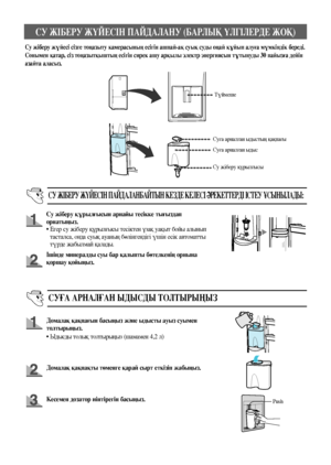 Page 11612
СУ ЖІБЕРУ ЖҮЙЕСІН ПАЙДАЛАНУ (БАРЛЫҚ ҮЛГІЛЕРДЕ ЖОҚ)
Су жіберу жүйесі сізге тоңазыту камерасының есігін ашпай-ақ суық суды оңай құйып алуға мүмкіндік береді. 
Сонымен қатар, сіз тоңазытқыштың есігін сирек ашу арқылы электр энергиясын тұтынуды 30 пайызға дейін 
азайта аласыз. 
Түймеше
Суға арналған ыдыс
СУ  ЖІБЕРУ  ЖҮЙЕСІН  ПАЙДАЛАНБАЙТЫН  КЕЗДЕ КЕЛЕСІ  ӘРЕКЕТТЕРДІ  ІСТЕУ ҰСЫНЫЛАДЫ:
Су жіберу құрылғысын арнайы тесікке тығыздап 
орнатыңыз. 
•   Егер су жіберу құрылғысы тесіктен ұзақ уақыт бойы алынып...