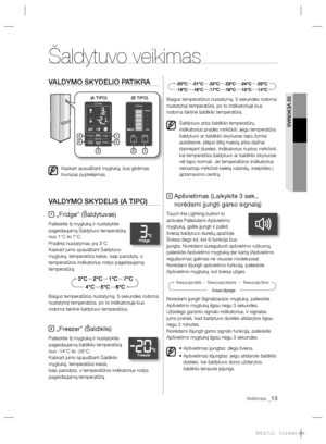 Page 9502 VEIKIMAS
Veikimas _13
VALDYMO SKYDELIO PATIKRA
Kaskart spaudžiant mygtuką, bus girdimas 
trumpas pyptelėjimas.
VALDYMO SKYDELIS (A TIPO)
1 „Fridge” (Šaldytuvas)
Palieskite šį mygtuką ir nustatykite 
pageidaujamą Šaldytuvo temperatūrą 
nuo 1°C iki 7°C.
Pradinis nustatymas yra 3°C.
Kaskart jums spaudžiant Šaldytuvo 
mygtuką, temperatūra keisis, kaip parodyta, o 
temperatūros indikatorius rodys pageidaujamą 
temperatūrą.
Baigus temperatūros nustatymą, 5 sekundes rodoma 
nustatytoji temperatūra, po to...