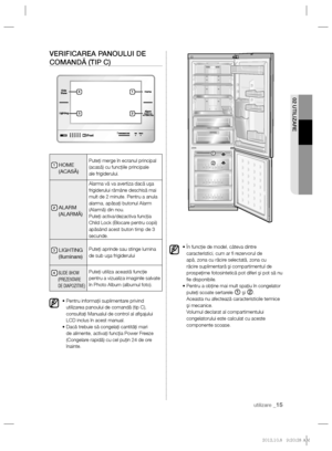 Page 3502 UTILIZARE
utilizare _15
VERIFICAREA PANOULUI DE 
COMANDĂ (TIP C)
1  HOME 
(ACASĂ)Puteţi merge în ecranul principal 
(acasă) cu funcţiile principale
ale frigiderului.
2  ALARM
(ALARMĂ)
Alarma vă va avertiza dacă uşa 
frigiderului rămâne deschisă mai 
mult de 2 minute. Pentru a anula 
alarma, apăsaţi butonul Alarm 
(Alarmă) din nou.
Puteţi activa/dezactiva funcţia 
Child Lock (Blocare pentru copii) 
apăsând acest buton timp de 3 
secunde.
3  LIGHTING
(Iluminare)Puteţi aprinde sau stinge lumina 
de sub...