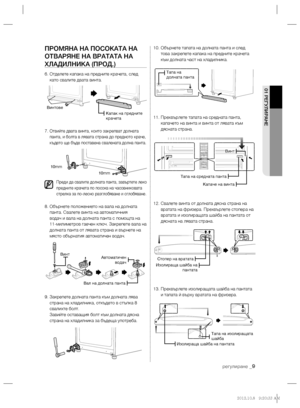 Page 49регулиране _9
01 РЕГУЛИРАНЕ
ПРОМЯНА НА ПОСОКАТА НА 
ОТВАРЯНЕ НА ВРАТАТА НА 
ХЛАДИЛНИКА (ПРОД.)
6.  Отделете капака на предните крачета, след 
като свалите двата винта.
7.  
Отвийте двата винта, които закрепват долната 
панта, и болта в лявата страна до предното краче, 
където ще бъде поставена свалената долна панта.
Преди да свалите долната панта, завъртете леко 
предните крачета по посока на часовниковата 
стрелка за по-лесно разглобяване и сглобяване.
8.  Обърнете положението на вала на долната 
панта....