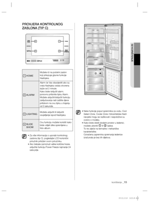 Page 11502 KORIŠTENJE
korištenje _15
PROVJERA KONTROLNOG 
ZASLONA (TIP C)
1 HOME
Možete ići na početni zaslon 
koji prikazuje glavne funkcije 
hladnjaka.
2 ALARM
Alarm će Vas obavijestiti ako su 
vrata hladnjaka ostala otvorena
duže od 2 minute.
Kako biste isključili alarm, 
ponovno pritisnite tipku Alarm.
Možete uključiti/isključiti funkciju 
zaključavanja radi zaštite djece 
pritiskom na ovu tipku u trajanju 
od 3 sekunde.
3 LIGHTINGMožete uključiti ili isključiti 
osvjetljenje ispod hladnjaka.
4  SLIDE...