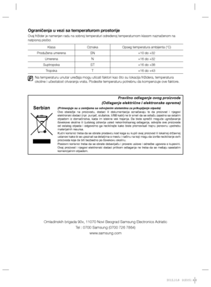 Page 80Ograničenja u vezi sa temperaturom prostorije
Ovaj frižider je namenjen radu na sobnoj temperaturi određenoj temperaturnom klasom naznačenom na 
natpisnoj pločici.
Klasa Oznaka Opseg temperatura ambijenta (°C)
Produžena umerena
SN+10 do +32
Umerena
N+16 do +32
Suptropska
ST+16 do +38
Tropska
T+16 do +43
  Na temperaturu unutar uređaja mogu uticati faktori kao što su lokacija frižidera, temperatura 
okoline i učestalost otvaranja vrata. Podesite temperaturu potrebnu da kompenzuje ove faktore.
Omladinskih...