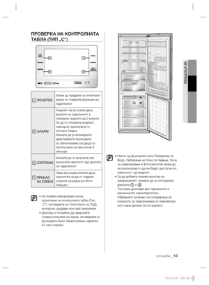 Page 15502 УПОТРЕБА
употреба _15
ПРОВЕРКА НА КОНТРОЛНАТА 
ТАБЛА (ТИП „C“)
1 ПОЧЕТОК
Може да прејдете на почетниот 
екран со главните функции на 
ладилникот. 
2 АЛАРМ
Алармот ќе ви укаже дека 
вратата на ладилникот е 
отворена подолго од 2 минути.
За да го откажете алармот, 
повторно притиснете го 
копчето Аларм.
Можете да ја активирате/
деактивирате функцијата 
за Заклучување (за деца) со 
притискање на ова копче 3 
секунди.
3 ОСВЕТЛУВАЊЕ
Можете да го вклучите или 
исклучите светлото зад вратата 
на ладилникот....