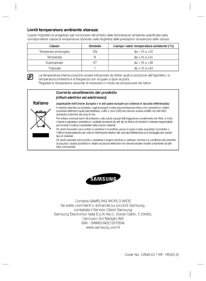 Page 60Code No. DA99-02116F  REV(0.6)
Italiano
Corretto smaltimento del prodotto
(riﬁ uti elettrici ed elettronici)
(Applicabile nell’Unione Europea e in altri paesi europei con sistema di raccolta differenziata)Il marchio riportato sul prodotto, sugli accessori o sulla documentazione indica che il prodotto e i relativi 
accessori elettronici (quali caricabatterie, cufﬁ a e cavo USB) non devono essere smaltiti con altri riﬁ uti 
domestici al termine del ciclo di vita.
Per evitare eventuali danni all’ambiente o...