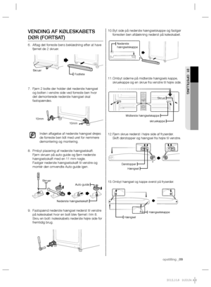 Page 29opstilling _09
01 OPSTILLING
Byt side på nederste hængselskappe og fastgør  10. 
forresten ben afdækning nederst på køleskabet.
Ombyt siderne på midterste hængsels kappe,  11. 
skruekappe og en skrue fra venstre til højre side.
Fjern skrue nederst i højre side af fryserdør. 12. 
Skift dørstopper og hængsel fra højre til venstre.
Ombyt hængsel og kappe øverst på fryserdør. 13. 
VENDING AF KØLESKABETS 
DØR (FORTSAT)
Aftag det forreste bens beklædning efter at have  6. 
fjernet de 2 skruer.
Fjern 2 bolte...