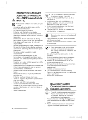 Page 404_ säkerhetsinformation
DEKALER/SKYLTAR MED 
ALLVARLIGA VARNINGAR 
GÄLLANDE ANVÄNDNING 
(FORTS.)
Placera inte behållare med vatten på kylen/ • 
frysen.
Om vattnet spills ut kan det innebära risk för    -
brand eller elektriska stötar.
Låt inte barn hänga på dörrarna. • 
Detta kan leda till allvarlig personskada.   -
Lämna inte dörrarna till kylen/frysen öppna när  • 
ingen ﬁ nns i närheten och låt inte barn komma in 
i apparaten.
Det ﬁ nns risk att barn fastnar och för allvarlig    -
personskada på...