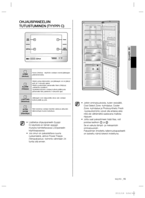 Page 75käyttö _15
02 KÄYTTÖ
OHJAUSPANEELIIN 
TUTUSTUMINEN (TYYPPI C)
1
HOME 
(Aloitus)Home (Aloitus) - näyttöön voidaan mennä jääkaapin 
päätoiminnoista.
2
ALARM 
(Hälytys)Hälytin antaa äänimerkin, jos jääkaapin ovi on jäänyt 
auki yli 2 minuutin ajaksi.
Hälytin pysäytetään painamalla Alarm (Hälytys) 
-painiketta uudelleen.
Lapsilukkotoiminto voidaan kytkeä päälle/pois 
painamalla tätä painiketta 3 sekunnin ajan.
3
LIGHTING 
(Valaistus)Jääkaapin oven alapuolella oleva valo voidaan 
kytkeä päälle ja pois.
4...