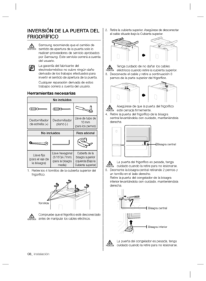 Page 808_ instalación
Retire la cubierta superior. Asegúrese de desconectar  2. 
el cable situado bajo la Cubierta superior.
Tenga cuidado de no dañar los cables 
eléctricos cuando retire la cubierta superior.
Desconecte el cable y retire a continuación 3  3. 
pernos de la parte superior del frigoríﬁ co.
Asegúrese de que la puerta del frigoríﬁ co 
esté cerrada ﬁ rmemente.
Retire la puerta del frigoríﬁ co de la bisagra  4. 
central levantándola con cuidado, manteniéndola 
derecha.
La puerta del frigoríﬁ co es...