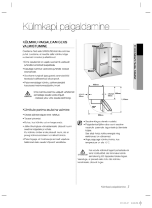 Page 131Külmkapi paigaldamine _7
01 KÜLMKAPI PAIGALDAMINEKÜLMIKU PAIGALDAMISEKS 
VALMISTUMINE
Õnnitleme Teid selle SAMSUNGi külmiku ostmise 
puhul. Loodame, et naudite selle külmiku kõige 
uudsemaid omadusi ja efektiivsust.
• Enne kasutamist on vajalik see külmik vastavalt 
juhendile korrektselt paigaldada.
• Kasutage külmikut vaid selles juhendis toodud 
eesmärkidel.
• Soovitame tungivalt igasugused parandustööd 
teostada kvaliﬁtseeritud isikute poolt.
• Palun eemaldage külmiku pakkematerjalid 
kasutusest...