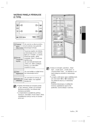 Page 17902 VADĪBA
Vadība _15
VADĪBAS PANEĻA PĀRBAUDE
(C TIPS)
1  Главное 
меню
(Sākumvieta)
Jūs varat iet uz sākuma ekrānu, 
kurā izvietotas visas galvenās 
ledusskapja funkcijas.
2  Сигнал 
(Trauksmes 
signāls)
Trauksmes signāls Jūs brīdinās, 
ja ledusskapja durvis ir atvērtas 
ilgāk par 2 minūtēm. Lai atceltu 
trauksmes signālu, vēlreiz 
nospiediet „Alarm’’ (Trauksmes 
signāla) pogu.
Jūs varat aktivizēt/deaktivizēt 
„Child Lock’’ (Bērnu atslēgas)
funkciju, uz 3 sekundēm 
nospiežot šo pogu.
3...