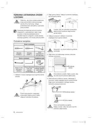 Page 288_ ustawienie
RZMIANA USTAWIENIA DRZWI 
LODÓWKI
  Zalecamy, aby drzwi zostały przełożone 
przez pracowników autoryzowanego 
serwisu ﬁ rmy Samsung. Usługa 
przełożenia drzwi jest płatna, a jej koszty 
pokrywa klient.
  Gwarancja nie obejmuje pokrycia kosztów 
związanych z uszkodzeniami, jakie mogą 
powstać w trakcie przekładania drzwi.
Wszelkie naprawy związane z wyżej opisaną 
sytuacją są płatne, a ich koszty pokrywa klient.
Potrzebne narzędzia
Brak w zestawie
Wkrętak
Phillips(+)Wkrętak
płaski (-)Klucz...