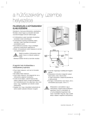 Page 47üzembe helyezés _7
01  ÜZEMBE HELYEZÉSFELKÉSZÜLÉS A HŰTŐSZEKRÉNY 
ELHELYEZÉSÉRE
Gratulálunk a Samsung hűtőszekrény vásárlásához. 
Reméljük, élvezni fogja az új készülék által kínált 
csúcstechnológiájú funkciók hatékonyagát.
•  A hűtőszekrényt a jelen használati útmutatóban 
ismertetett módon kell elhelyezni.
•  A berendezést kizárólag rendeltetési céljára 
használja, a jelen használati útmutatóban 
ismertetettek szerint.
•  Nyomatékosan javasoljuk, hogy az esetleges 
javításokat szakemberrel végeztesse...