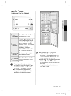 Page 5502  HASZNÁLAT
használat _15
A VEZÉRLŐPANEL 
ELLENŐRZÉSE (C TÍPUS)
1    
HOME(Kezdőképernyő)
A kezdőképernyőn érhetők el a 
hűtőszekrény fő funkciói.
2  ALARM
(Riasztás)
A riasztás ﬁ gyelmeztet arra, ha 
a hűtőszekrény ajtaját 2 percnél 
hosszabb időre nyitva hagyják. 
Nyomja meg ismét az Alarm 
(Riasztás) gombot, ha ki szeretné 
kapcsolni a riasztást.
A Gyerekzár funkció be-/
kikapcsolásához tartsa nyomva 
ezt a gombot 3 másodpercig.
3  LIGHTING
(Világítás)Be-/kikapcsolhatja a világítást a 
hűtőszekrény...