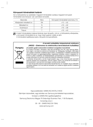 Page 62Környezeti hőmérsékleti határok
Ezt a hűtőszekrényt az adattáblán megadott hőmérséklet-osztályra megadott környezeti 
hőmérséklet-tartományban való üzemelésre tervezték.
Besorolás Ábra Környezeti hőmérsékleti tartomány (°C)
Kiterjesztett mérsékelt övi SN +10 – +32
Mérsékelt övi N +16 – +32
Szubtrópusi ST +16 – +38
Trópusi T +16 – +43
A belső hőmérsékletre hatással lehetnek olyan tényezők, mint pl. a hűtőszekrény elhelyezése, 
a környezeti hőmérséklet és az, hogy milyen gyakran nyitják az ajtót.
A...