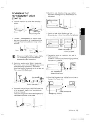 Page 9setting up _09
01 SETTING UP
Switch the side of bottom hinge cap and then  10. 
attach the Front leg cover on the bottom of the 
refrigerator.
Switch the side of the Middle hinge cap, 11. 
Screw cap and a Screw from left to the right side.
Remove the screw on the bottom right side of  12. 
the Freezer door.
Switch the Door stopper and the Hinge grommet 
from the right to the left.
Switch the Hinge grommet and the Grommet cap on  13. 
the top of the Freezer door.
REVERSING THE 
REFRIGERATOR DOOR...