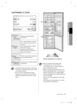 Page 5702 KASUTAMINE
kasutamine _15
JUHTPANEEL (C TÜÜP)
1  Главное 
меню
(põhinäidik)Põhilisesse näidikuvaatesse 
naasmi seks.
2  Сигнал 
(häire )
Alarm teavitab sellest, et külmiku 
uks on olnud avatud kauem kui 
2 minutit.
Alarmi katkestamiseks katsuge 
uuesti alarmi nuppu.
Lapseluku aktiveerimiseks/
deaktiveerimiseks hoidke alarmi 
nuppu all 3 sekundit.
3  
Свет
(valgustus)Külmiku ukse all oleva valgustuse 
sisse ja välja lülitamiseks.
4   Слайд шоу(slaidiesitlus)
Fotoalbumisse salvestatud piltide...