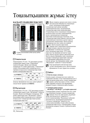 Page 4210_ Пайдалану
БАСҚАРУ ПАНЕЛІН ТЕкСЕРУ
Түйме басылғаннан кейін қысқа дыбыс 
естіледі.
1 Тоңазытқыш
Тоңазытқышты 1°C мен - 7°C арасындағы қалаған 
температураға орнату үшін “Тоңазытқыш” 
түймесін басыңыз. Əдепкі мəні бойынша 
температура 3°C мəніне орнатылады, "Тоңазытқыш" 
түймесі басылғаннан кейін температура келесі 
тəртіппен өзгереді жəне температура көрсеткіші 
қалаған температурны көрсетеді.
(A, B ТИПТІ)
(C ТИПТІ)
Демалыс функциясын іске қосу үшін түймені 3 
секунд басып тұрыңыз.(A ТИПТІ)
2...