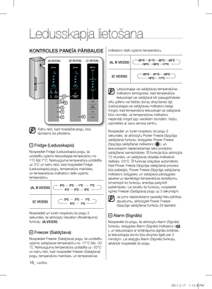 Page 4210_ vadība
kOnTrOlES pAnEÏA pÂrBAUDE
Katru reizi, kad nospiežat pogu, bûs 
dzirdams îss pîkstiens.
1 Fridge (Ledusskapis)
Nospiediet Fridge (Ledusskapis) pogu, lai 
uzstâdîtu vçlamo ledusskapja temperatûru no 
1°C lîdz 7°C. Noklusçjuma temperatûra uzstâdîta 
uz 3°C un katru reizi, kad nospiediet Fridge 
(Ledusskapis) pogu, temperatûra mainîsies, 
un temperatûras indikators râdîs vçlamo 
temperatûru. 
(
A, B VEIDS )
(
C VEIDS )
Nospiediet un turiet nospiestu šo pogu 3 
sekundes, lai aktivizçtu Vacation...