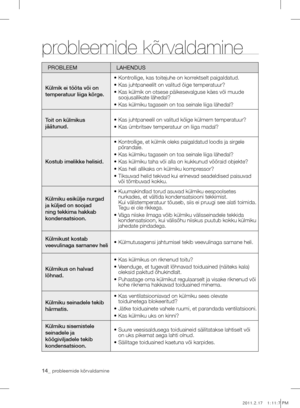 Page 1414_ probleemide kõrvaldamine
probleemide kõrvaldamine
PROBLEEMLAHENDUS
külmik ei tööta või on 
temperatuur liiga kõrge.
• Kontrollige, kas toitejuhe on korrektselt paigaldatud.
• Kas juhtpaneelilt on valitud õige temperatuur?
•  Kas külmik on otsese päikesevalguse käes või muude 
soojusallikate lähedal?
• Kas külmiku tagasein on toa seinale liiga lähedal?
Toit on külmikus 
jäätunud.•   Kas juhtpaneelil on valitud kõige külmem temperatuur?
• Kas ümbritsev temperatuur on liiga madal?
kostub imelikke...