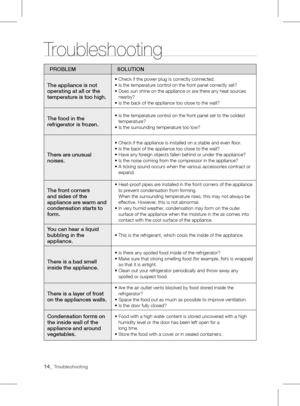 Page 1414_ Troubleshooting
Troubleshooting
pROblEMSOluTION
The appliance is not 
operating at all or the 
temperature is too high.
•	Check	if	the	power	plug	is	correctly	connected.
•		 Is	the	temperature	control	on	the	front	panel	correctly	set?
•		 Does	sun	shine	on	the	appliance	or	are	there	any	heat	sources	
nearby?
•	Is	the	back	of	the	appliance	too	close	to	the	wall?
The food in the 
refrigerator is frozen.•		 Is	the	temperature	control	on	the	front	panel	set	to	the	coldest	
temperature?
•	Is	the...