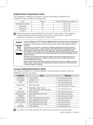 Page 16In	an	effort	to	promote	recycling	this	user	manual	is	printed	on	recycled	paper.
contact SAMSuNG WORld WIdEIf	you	have	any	questions	or	comments	relating	to	Samsung	products,	please	contact	the	
SAMSUNG	customer	care	center.
COUNTRY CALL  Web site
AUSTRALIA 1300 362 603  www.samsung.com/au
COLOMBIA 01-8000112112 www.samsung.com.co
EIRE 0818 717 100  www.samsung.com/ie
HONG KONG (852) 3698-4698 www.samsung.com/hk
www.samsung.com/hk_en/
INDIA 3030 8282, 1800 110011, 
1-800-3000-8282,1800 266 8282...