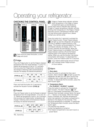 Page 1010_ Operating
cHEcKING THE cONTROl pANEl
Each time you press the button, a short 
beep will sound.
1 Fridge
Press the Fridge button to set the fridge to desired 
temperature from the range between 1°C and 7°C. 
Default set temperature is set on 3°C and each 
time you press the Fridge button, temperature 
will change in following order and temperature 
indicator will display the desired temperature.
(TYpE A, b )
(
TYpE c )
Press and hold this button for 3 seconds to 
activate the Vacation function.
(
TYpE...