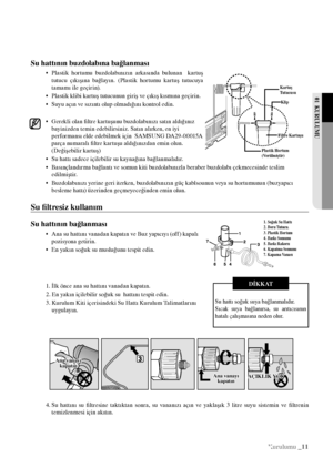 Page 11Kurulumu _11
01  KURULUMU
Su hattının buzdolabına bağlanması
•   Plastik  hortumu  buzdolabınızın  arkasında  bulunan    kartuş 
tutucu  çıkışına  bağlayın.  (Plastik  hortumu  kartuş  tutucuya 
tamamı ile geçirin).
•  Plastik klibi kartuş tutucunun giriş ve çıkış kısmına geçirin.
•  Suyu açın ve sızıntı olup olmadığını kontrol edin.
•    Gerekli olan filtre kartuşunu buzdolabınızı satın aldığınız 
bayinizden temin edebilirsiniz. Satın alırken, en iyi 
performansı elde edebilmek için  SAMSUNG DA29-00015A...
