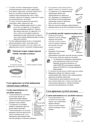 Page 45Орнату және теңшеу _07
01  оРнатУ Және теҢШеУ
• Суға арналған сүзгіні тазалау үшін су 
жіберіп, шелекке үш литрдей су алыңыз.
• Суға арналған сүзгі тоңазытқыштың 
жиынтығына енбейді және 
тоңазытқыштан тыс орнатылуы 
тиіс. Құрамына сүзгі картриджі (8) 
мен бекіткіш (9) енетін жиынтықты 
тоңазытқыш сатып алу барысында 
бөлек сатып алуға болады.
• Мыстан жасалған құбырды пайдаланбаңыз.
• Құбырды қиығы тік әрі таза болатындай етіп кесіңіз.
су өткізгіш желіні тоңазытқышқа қосу• Тоңазытқыштың артқы...