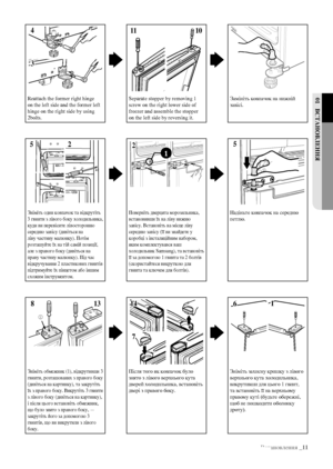 Page 31Встановлення _11
01 ВстаноВЛенняReattach the former right hinge 
on the left side and the former left 
hinge on the right side by using 
2bolts. Separate stopper by removing 1 
screw on the right lower side of 
freezer and assemble the stopper 
on the left side by reversing it.Замініть ковпачок на нижній 
завісі.
Зніміть один ковпачок та відкрутіть 
3 гвинти з лівого боку холодильника, 
куди ви перевісите лівосторонню 
середню завісу (дивіться на 
ліву частину малюнку). Потім 
розташуйте їх на тій самій...