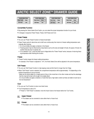 Page 1111
OPERATING INSTRUCTIONS
ARCTIC SELECT ZONETM  DRAWER GUIDE
Convertible Function
• By pressing the “Arctic Select Zone” button, you can select the proper temperature function for your foods.
• It changes in sequence Power Freeze, Freeze, Soft Freeze and Cool.
Power Freeze 
• You can use “Power Freeze” function to freeze foods faster.
• Power Freeze works for about two and a half hours continuously, then returns to freezer setting temperature auto-
matically after finishing.
☞Do not put bottles and glass...