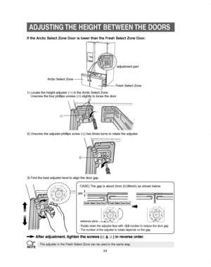 Page 2424
ADJUSTING THE HEIGHT BETWEEN THE DOORS
The adjuster in the Fresh Select Zone can be used in the same way.NOTE
If the Arctic Select Zone Door is lower than the Fresh Select Zone Door.
1) Locate the height-adjuster (➀) in the Arctic Select Zone.
Unscrew the four phillips screws (➁) slightly to loose the door.
2) Unscrew the adjuster-phillips screw (
➂) two times turns to rotate the adjuster.
3) Find the best adjuster-level to align the door gap.
After adjustment, tighten the screws (➁ & ➂) in reverse...