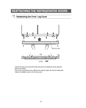 Page 3232
REATTACHING THE REFRIGERATOR DOORS
FRONT LEG  COVER
Reattaching the Front  Leg Cover
Hold the front leg-cover with both hands and insert it by sliding the hooks along the
guide at the bottom.
Then, lift up the leg-front-cover a little bit and snap the upper ribs into the locking tabs.
Tighten two phillips screws to the front leg cover.
RIB
HOOK
%&	
 . 