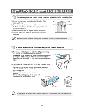 Page 3636
WATER ICE
INSTALLATION OF THE WATER DISPENSER LINE
Remove any residual matter inside the water supply line after installing filter.
1) Turn on the main water supply & shut-off the valve of the
water supply line.
2) Run water through the dispenser until the water runs clear
(6~7 minutes). This will clean the water supply system and
clear air from the lines.
3) Additional flushing may be required in some households.
4) Open the fridge door and check if water leaks around the
water filter.
• A...