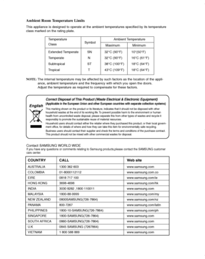 Page 40Ambient Room Temperature Limits
This appliance is designed to operate at the ambient temperatures specified by its temperature
class marked on the rating plate.
NOTE:The internal temperature may be affected by such factors as the location of the appli-
ance, ambient temperature and the frequency with which you open the doors.
Adjust the temperature as required to compensate for these factors.
Temperature SymbolAmbient Temperature
Class Maximum   Minimum
Extended TemperateSN 32°C (90°F) 10°(50°F)...