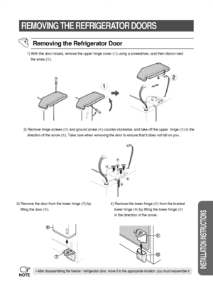 Page 2121
INSTALLATION INSTRUCTIONS
REMOVING THE REFRIGERATOR DOORS
1) With the door closed, remove the upper hinge cover (➀) using a screwdriver, and then discon-nect  
the wires (➁).
2) Remove hinge screws (➂) and ground screw (➃) counter-clockwise, and take off the upper  hinge (➄) in the    
direction of the arrow (➅). Take care when removing the door to ensure that it does not fall on you.
3) Remove the door from the lower hinge (	) by
lifting the door (
➇).4) Remove the lower hinge (➈) from the bracket...