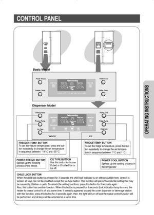 Page 55
OPERATING INSTRUCTIONS 
CONTROL PANEL
Basic Model
Dispenser Model
FREEZER TEMP. BUTTON
To set the freezer temperature, press the but-
ton repeatedly to change the set temperature
in sequence between  -14°C and -25°CFRIDGE TEMP. BUTTON
To set the fridge temperature, press the but-
ton repeatedly to change the set tempera-
ture in sequence between 7°C and 1°C.
POWER COOL BUTTON
Speeds up the cooling process in
the refrigeratorPOWER FREEZE BUTTON
Speeds up the freezing
process inthe freeze.ICE TYPE...