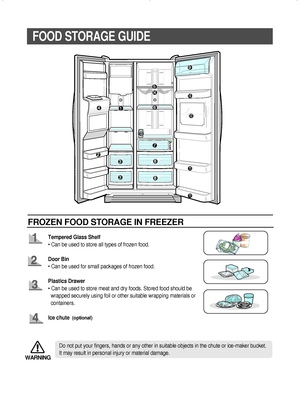 Page 1010
FOOD STORAGE GUIDE
FROZEN FOOD STORAGE IN FREEZER
Tempered Glass Shelf
• Can be used to store all types of frozen food.
Door Bin
• Can be used for small packages of frozen food.
Plastics Drawer
• Can be used to store meat and dry foods. Stored food should be
wrapped securely using foil or other suitable wrapping materials or    
containers.
Ice chute 
(optional)
WARNING
Do not put your fingers, hands or any other in suitable objects in the chute or ice-maker bucket.
It may result in personal injury or...