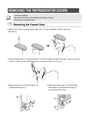 Page 2020
REMOVING THE REFRIGERATOR DOORS
1) With the door closed, remove the upper hinge cover (➀) using a screwdriver, and then disconnect
the wires (➁).
2) Remove hinge screws (➂) and ground screw (➃) counter-clockwise, and take off the upper  hinge (➄) along the  
arrow (➅). Take care when removing the door to ensure that it does not  fall on you.
3) Remove the door from the lower hinge (	) by
carefully lifting the door (
➇).4) Remove the lower hinge (➈) from the bracket
lower hinge (➉) by lifting the lower...