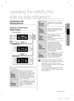 Page 15operating _15
02 OPERATING
OPERATING THE 
REFRIGERATOR
Using the Control Panel /
Digital Display 
When not in use the temperature display will turn off, 
this is normal.
1
POWER 
FREEZE 
BUTTON
Speeds up the time needed to 
freeze products in the freezer. This 
can be helpful if you need to quickly 
freeze items that spoil easily or if 
the temperature in the freezer has 
warmed dramatically (For example, if 
the door was left open).
2
FREEZER 
BUTTON
Press the Freezer button to set the 
freezer to your...