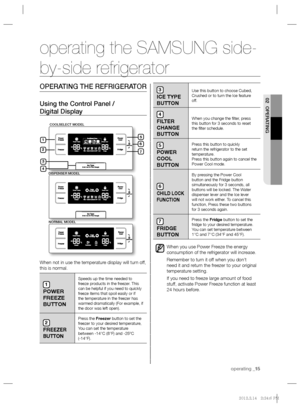 Page 15operating _15
02 OPERATING
OPERATING THE REFRIGERATOR
Using the Control Panel /
Digital Display 
When not in use the temperature display will turn off, 
this is normal.
1
POWER 
FREEZE 
BUTTON
Speeds up the time needed to 
freeze products in the freezer. This 
can be helpful if you need to quickly 
freeze items that spoil easily or if 
the temperature in the freezer has 
warmed dramatically (For example, if 
the door was left open).
2
FREEZER 
BUTTON
Press the Freezer button to set the 
freezer to your...