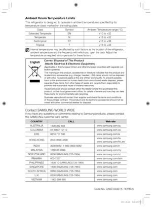 Page 16Code No. DA99-03327A  REV(0.2)
Contact SAMSUNG WORLD WIDE
If you have any questions or comments relating to Samsung products, please contact 
the SAMSUNG customer care center.
COUNTRY CALL  Web site
AUSTRALIA1300 362 603 www.samsung.com/au
COLOMBIA01-8000112112 www.samsung.com.co
EIRE0818 717 100  www.samsung.com/ie
HONG KONG(852) 3698-4698www.samsung.com/hk
www.samsung.com/hk_en/
INDIA3030 8282, 1-800-3000-8282 www.samsung.com/in
MALAYSIA1800-88-9999 www.samsung.com/my
NEW ZEALAND0800 SAMSUNG (726-7864)...