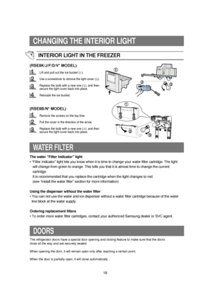 Page 1918
CHANGING THE INTERIOR LIGHT
WATER FILTER
The water “Filter Indicator” light
• “Filter Indicator” light lets you know when it is time to change your water filter cartridge. The light
will change from green to orange. This tells you that it is almost time to change the current 
cartridge.
It is recommended that you replace the cartridge when the light changes to red.
(see “Install the water filter” section for more information)
Using the dispenser without the water filter
• You can not use the water and...